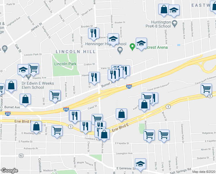 map of restaurants, bars, coffee shops, grocery stores, and more near 1338 Burnet Avenue in Syracuse