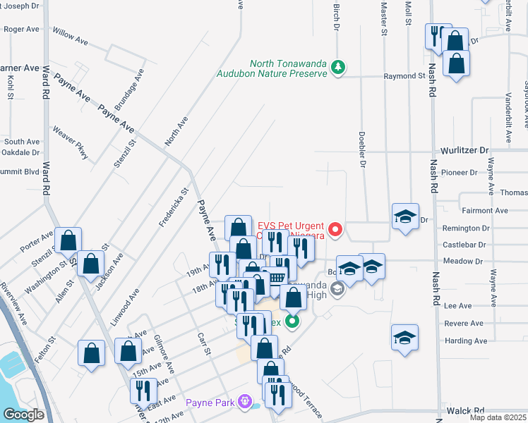 map of restaurants, bars, coffee shops, grocery stores, and more near 1132 Marcia Drive in North Tonawanda