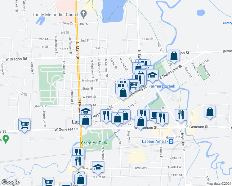map of restaurants, bars, coffee shops, grocery stores, and more near 428 West Park Street in Lapeer