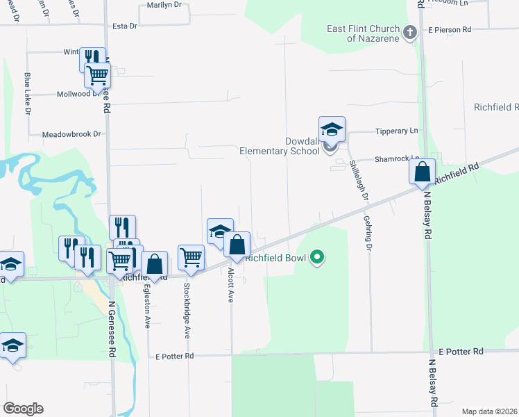 map of restaurants, bars, coffee shops, grocery stores, and more near 3220 Lynne Avenue in Flint