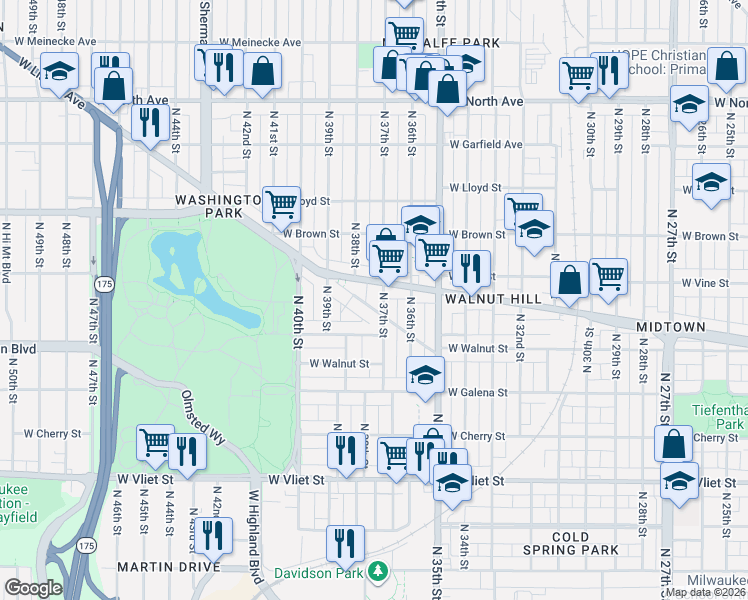 map of restaurants, bars, coffee shops, grocery stores, and more near 1853 North 37th Street in Milwaukee