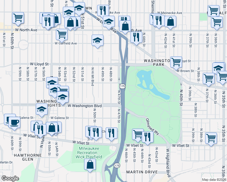 map of restaurants, bars, coffee shops, grocery stores, and more near 1802 North 48th Street in Milwaukee