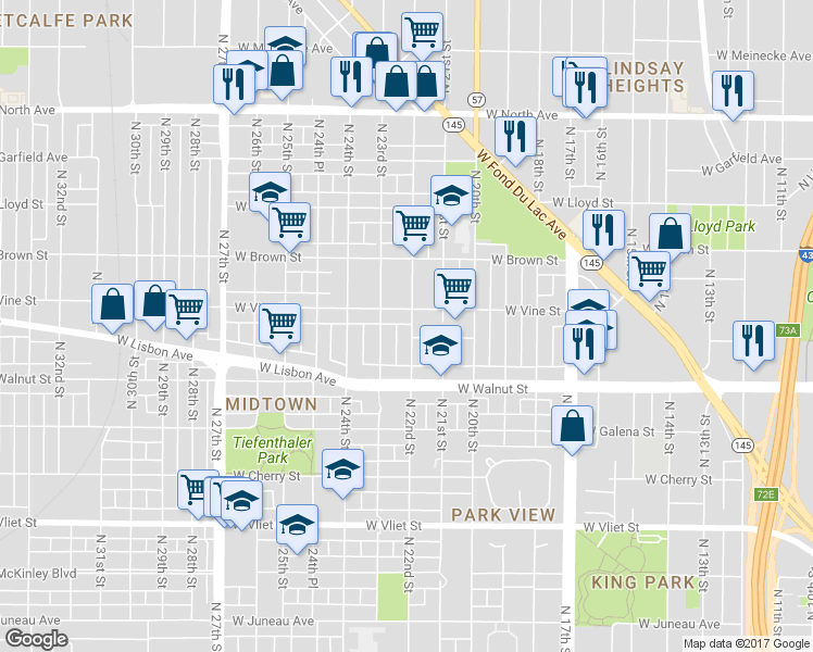 map of restaurants, bars, coffee shops, grocery stores, and more near 1825 North 22nd Street in Milwaukee