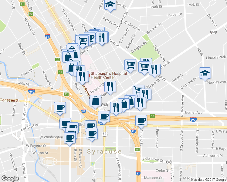 map of restaurants, bars, coffee shops, grocery stores, and more near 610 E Willow St in Syracuse