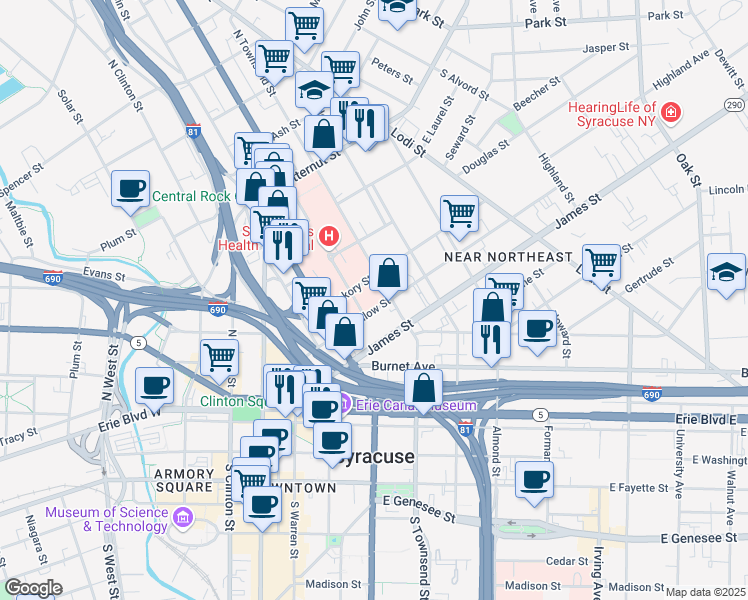 map of restaurants, bars, coffee shops, grocery stores, and more near 517 East Willow Street in Syracuse