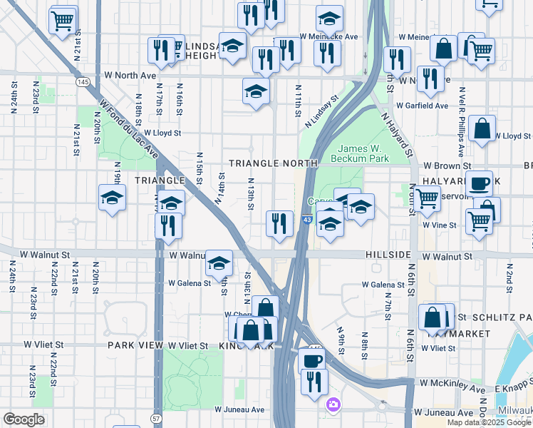 map of restaurants, bars, coffee shops, grocery stores, and more near 1820 North 12th Street in Milwaukee