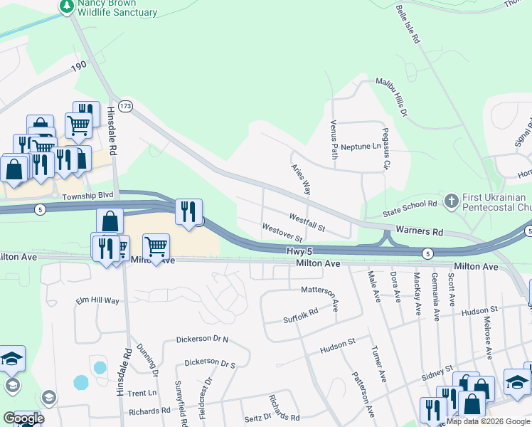 map of restaurants, bars, coffee shops, grocery stores, and more near 201 Oakley Road in Syracuse