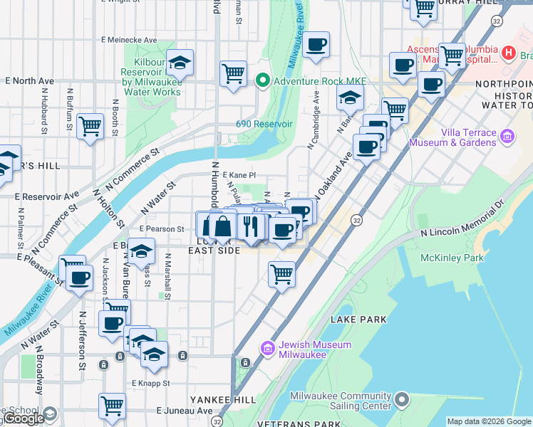 map of restaurants, bars, coffee shops, grocery stores, and more near in Milwaukee