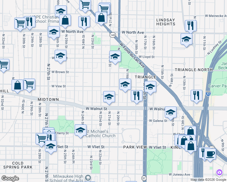 map of restaurants, bars, coffee shops, grocery stores, and more near in Milwaukee