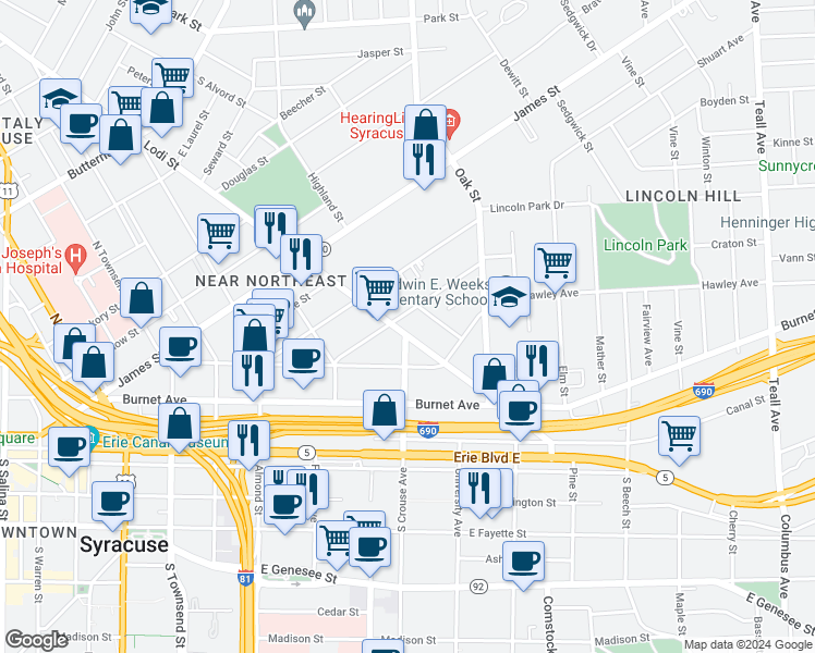 map of restaurants, bars, coffee shops, grocery stores, and more near in Syracuse