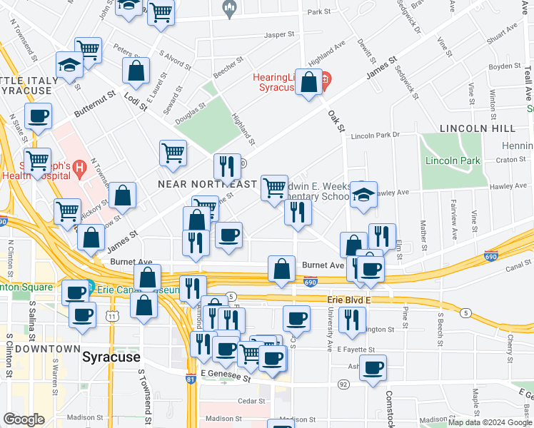 map of restaurants, bars, coffee shops, grocery stores, and more near 218 Green Street in Syracuse