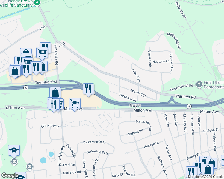map of restaurants, bars, coffee shops, grocery stores, and more near 314 Westover Street in Syracuse