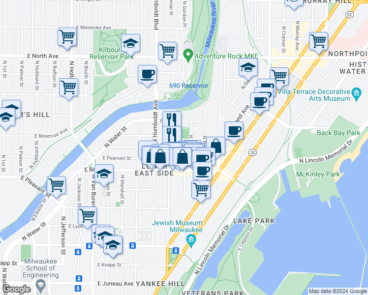 map of restaurants, bars, coffee shops, grocery stores, and more near 1803-1805 North Arlington Place in Milwaukee