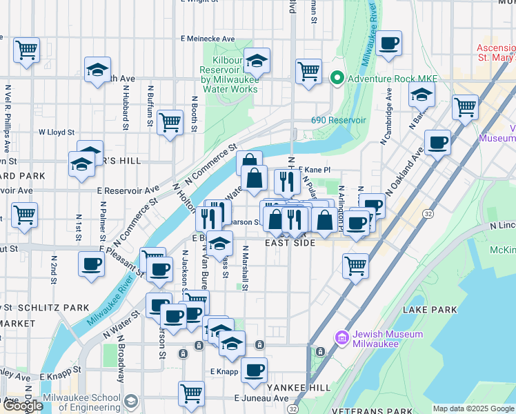 map of restaurants, bars, coffee shops, grocery stores, and more near 928 East Hamilton Street in Milwaukee