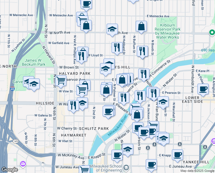 map of restaurants, bars, coffee shops, grocery stores, and more near 1831A North Palmer Street in Milwaukee