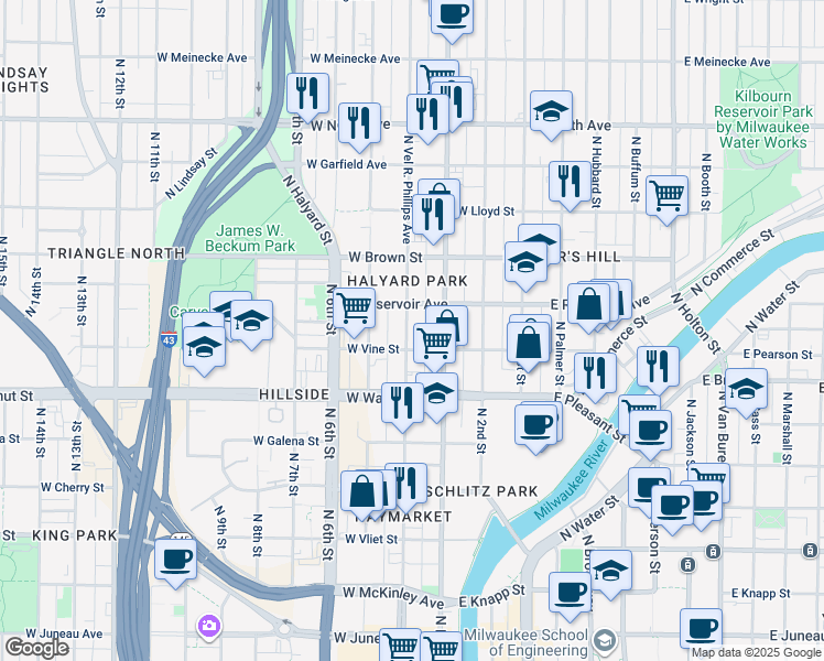 map of restaurants, bars, coffee shops, grocery stores, and more near 1821 North Doctor Martin Luther King Junior Drive in Milwaukee