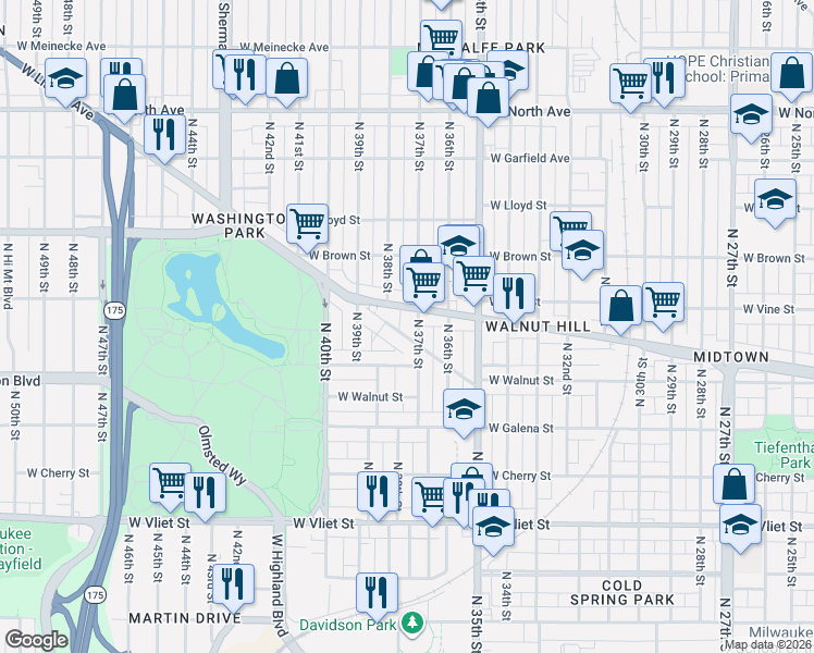 map of restaurants, bars, coffee shops, grocery stores, and more near 1853 North 37th Street in Milwaukee