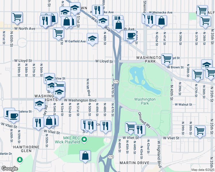 map of restaurants, bars, coffee shops, grocery stores, and more near 1808 North 48th Street in Milwaukee