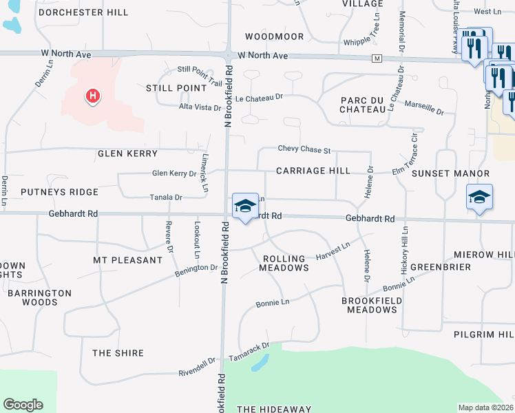 map of restaurants, bars, coffee shops, grocery stores, and more near 18675 Surrey Lane in Brookfield