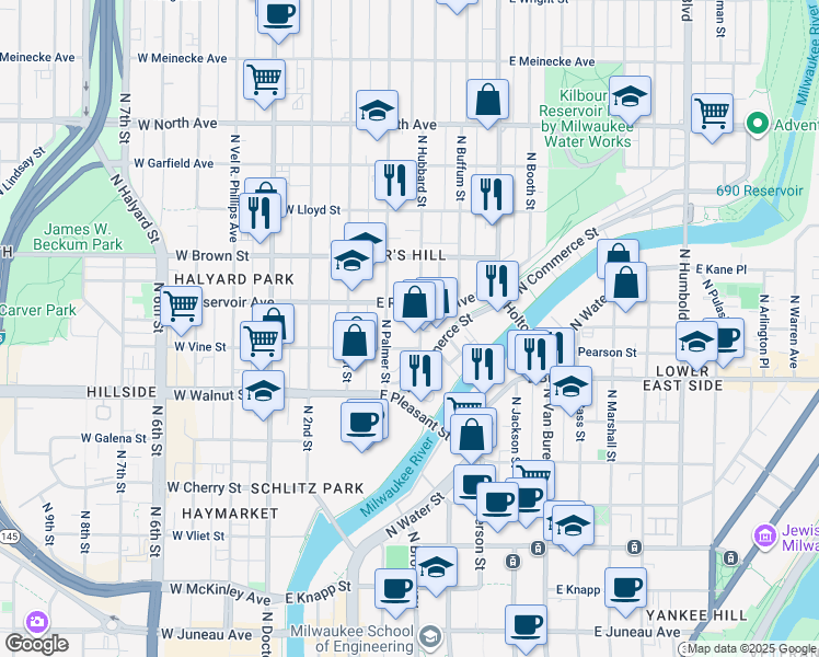 map of restaurants, bars, coffee shops, grocery stores, and more near 1823 North Hubbard Street in Milwaukee