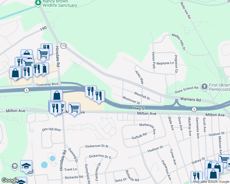 map of restaurants, bars, coffee shops, grocery stores, and more near 314 Westover Street in Syracuse