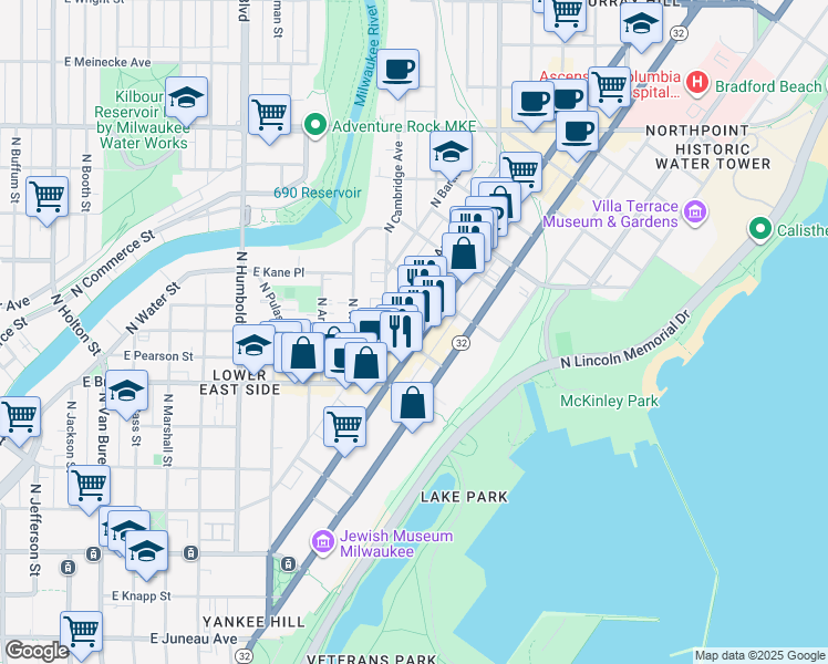 map of restaurants, bars, coffee shops, grocery stores, and more near 1819 North Farwell Avenue in Milwaukee