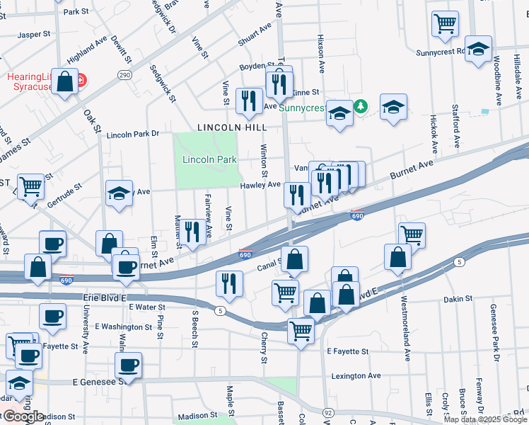 map of restaurants, bars, coffee shops, grocery stores, and more near 321 Winton Street in Syracuse