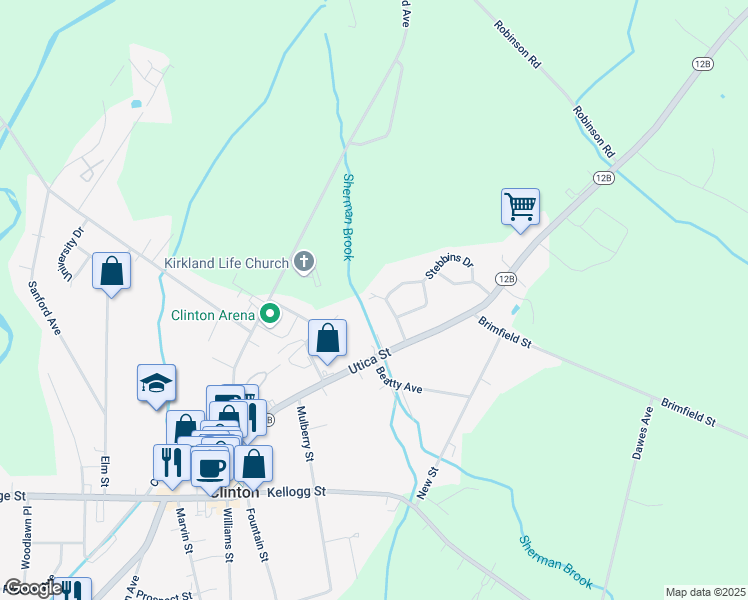 map of restaurants, bars, coffee shops, grocery stores, and more near 27 Stebbins Drive in Clinton