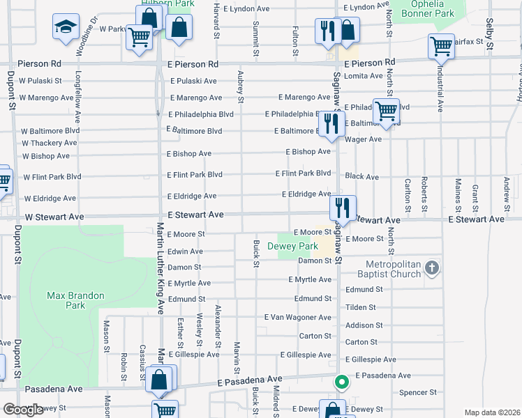 map of restaurants, bars, coffee shops, grocery stores, and more near 405 East Stewart Avenue in Flint