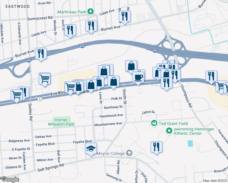 map of restaurants, bars, coffee shops, grocery stores, and more near 2828 Erie Boulevard East in Syracuse