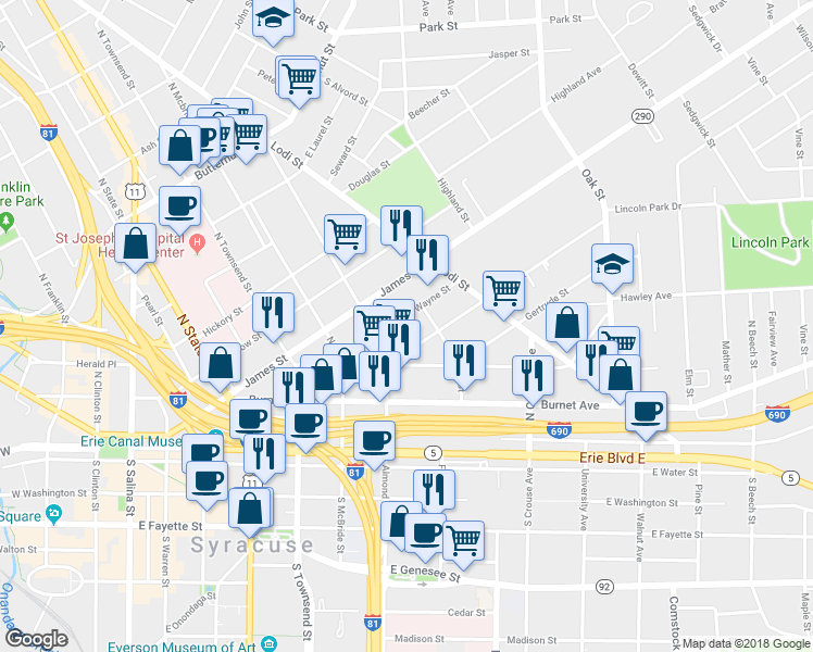 map of restaurants, bars, coffee shops, grocery stores, and more near 118 Wayne Street in Syracuse