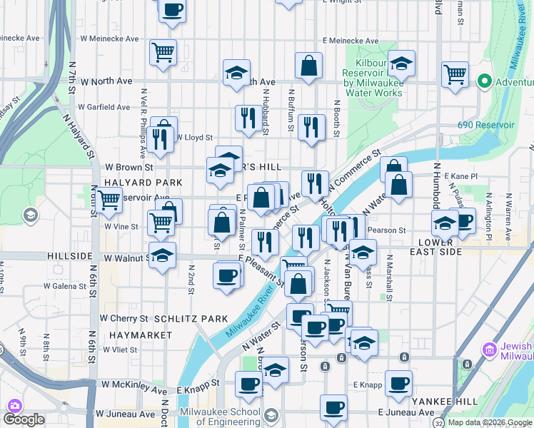 map of restaurants, bars, coffee shops, grocery stores, and more near 1830 North Hubbard Street in Milwaukee
