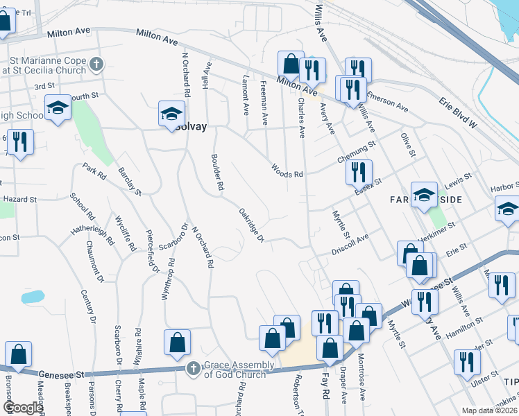 map of restaurants, bars, coffee shops, grocery stores, and more near 107 Huntshill Rd in Syracuse
