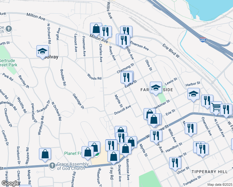 map of restaurants, bars, coffee shops, grocery stores, and more near 315 Essex Street in Syracuse