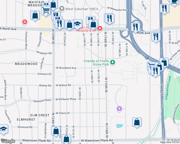map of restaurants, bars, coffee shops, grocery stores, and more near 1817 North 118th Street in Wauwatosa