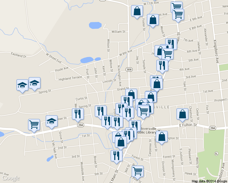 map of restaurants, bars, coffee shops, grocery stores, and more near 87 Grand Street in Gloversville