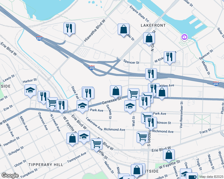 map of restaurants, bars, coffee shops, grocery stores, and more near 117 Eureka Street in Syracuse