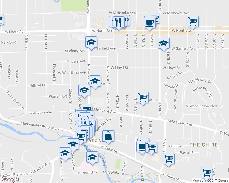map of restaurants, bars, coffee shops, grocery stores, and more near 1835 North 73rd Street in Wauwatosa