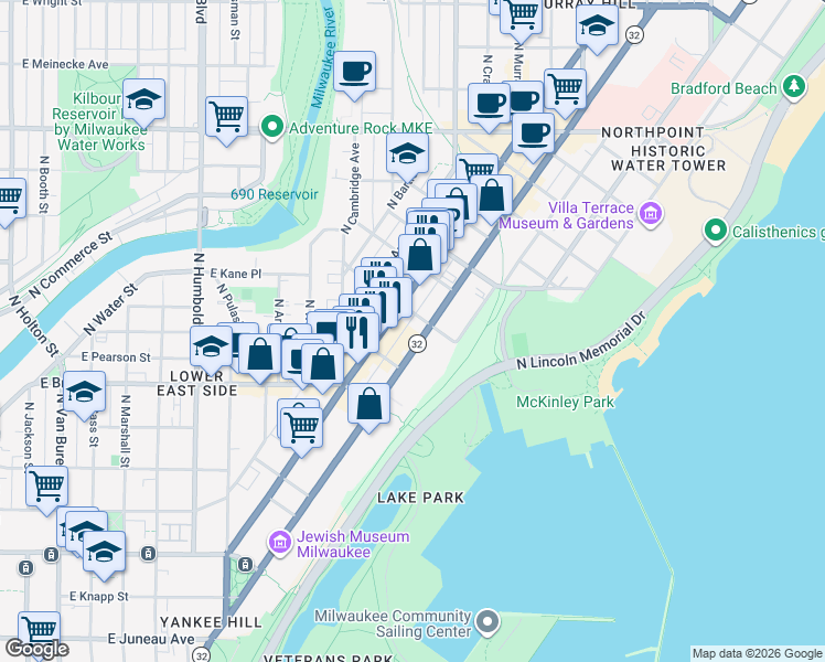 map of restaurants, bars, coffee shops, grocery stores, and more near 1847 North Prospect Avenue in Milwaukee