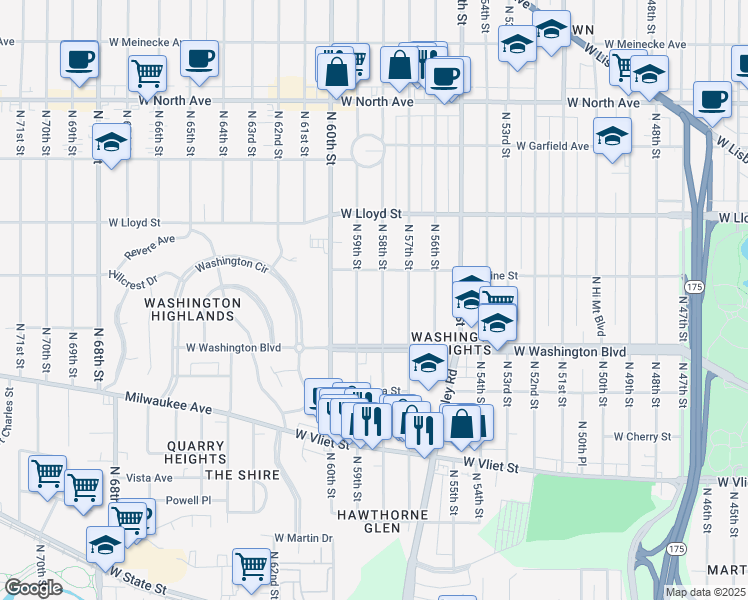 map of restaurants, bars, coffee shops, grocery stores, and more near 1807 North 58th Street in Milwaukee