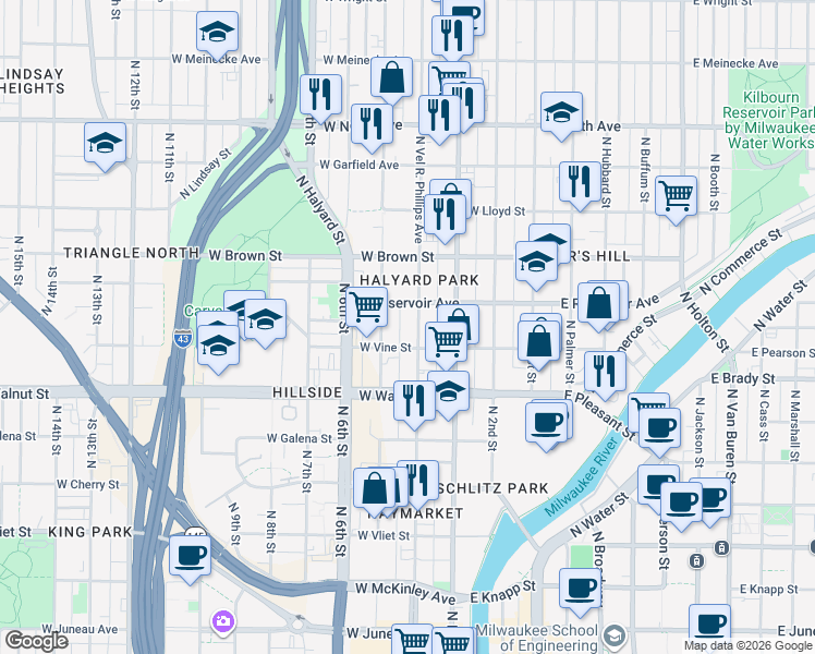 map of restaurants, bars, coffee shops, grocery stores, and more near 1828 North 5th Street in Milwaukee