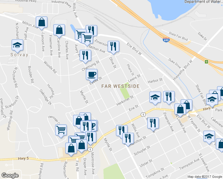 map of restaurants, bars, coffee shops, grocery stores, and more near 827 Willis Avenue in Syracuse