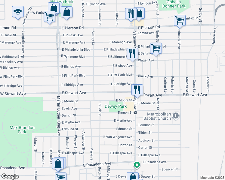 map of restaurants, bars, coffee shops, grocery stores, and more near 517 East Stewart Avenue in Flint