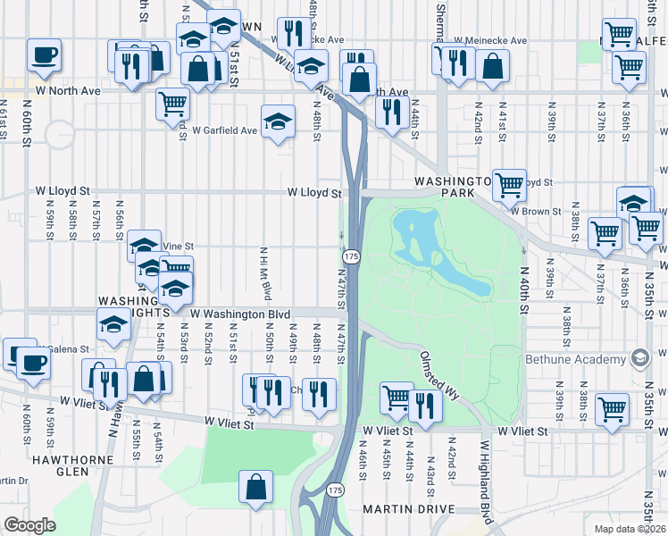 map of restaurants, bars, coffee shops, grocery stores, and more near 1808 North 48th Street in Milwaukee