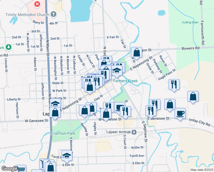 map of restaurants, bars, coffee shops, grocery stores, and more near 350 North Court Street in Lapeer