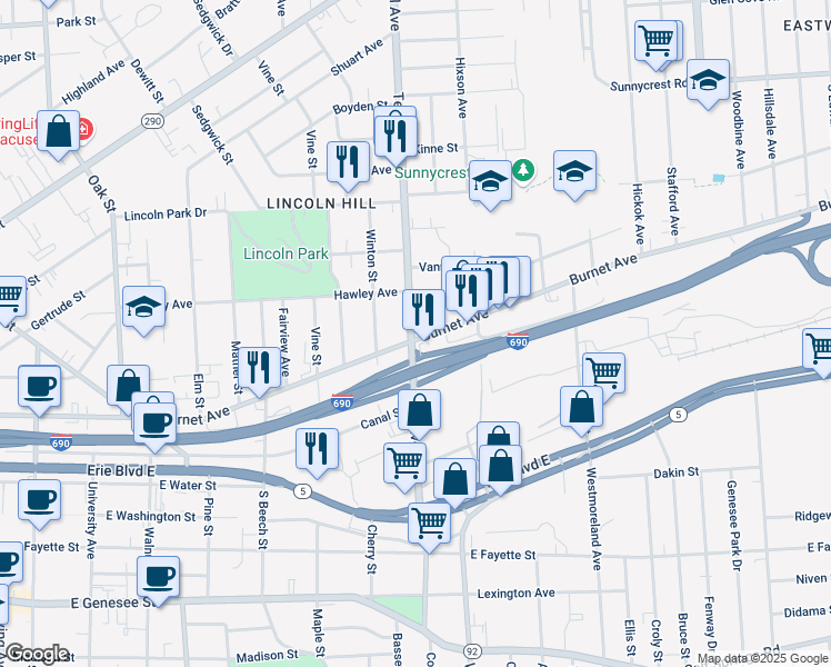 map of restaurants, bars, coffee shops, grocery stores, and more near 500 Teall Avenue in Syracuse