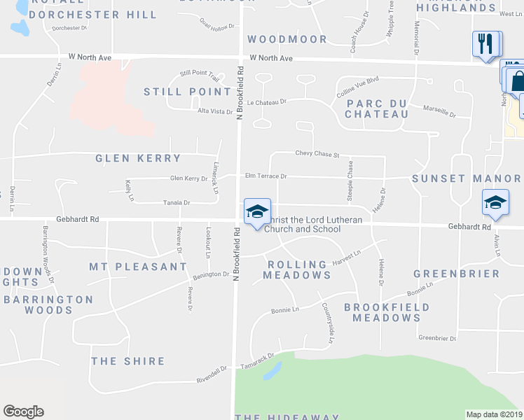 map of restaurants, bars, coffee shops, grocery stores, and more near 18675 Surrey Lane in Brookfield