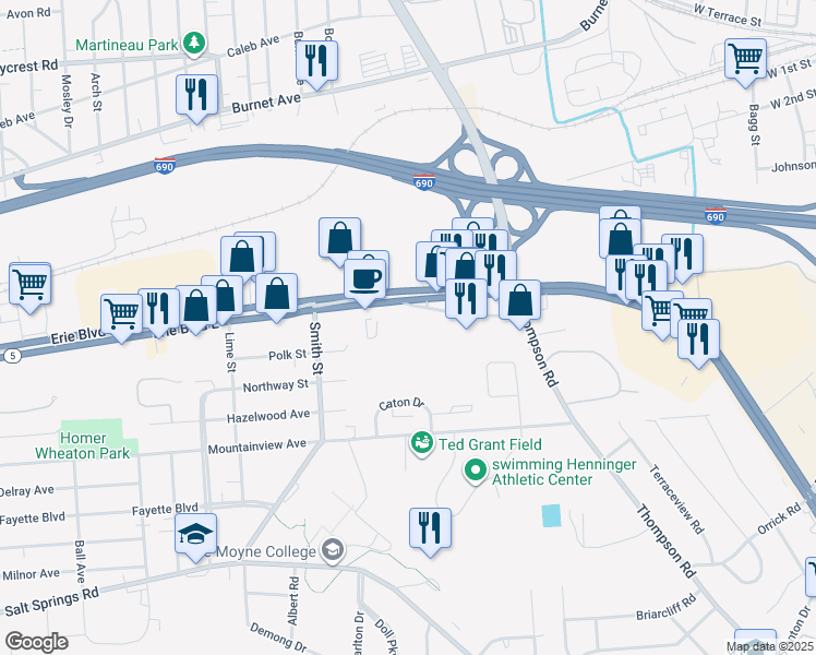 map of restaurants, bars, coffee shops, grocery stores, and more near 104 Headson Drive in Syracuse