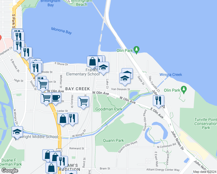 map of restaurants, bars, coffee shops, grocery stores, and more near 230 Van Deusen Street in Madison