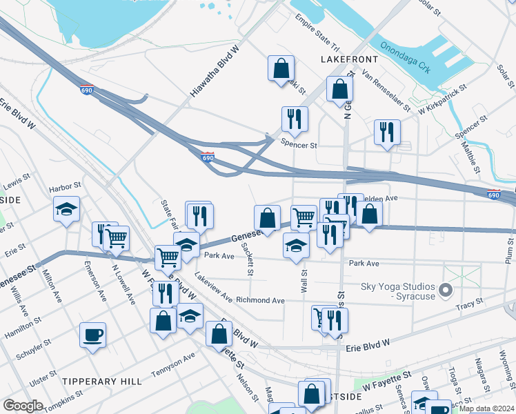 map of restaurants, bars, coffee shops, grocery stores, and more near 1405 West Belden Avenue in Syracuse